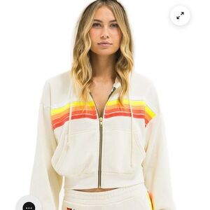Aviator nation 5 STRIPE CROPPED ZIP HOODIE RELAXED - VINTAGE WHITE // WHITE NEON